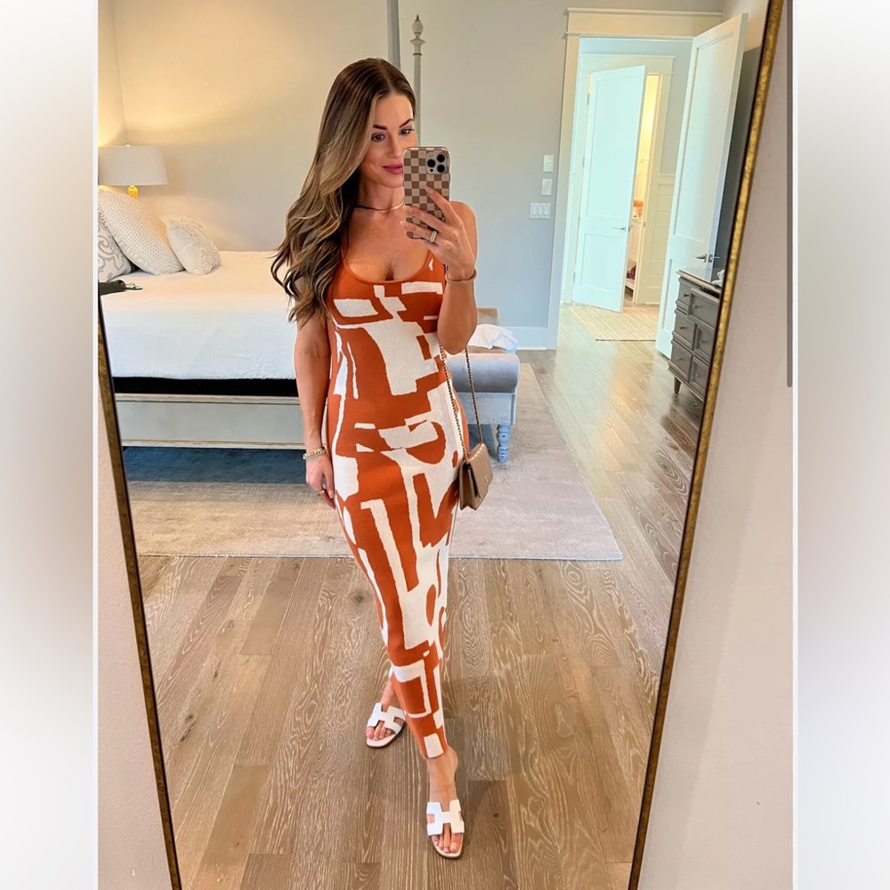 NEW CC Orange & White Knit Bodycon Maxi Summer Dress Abstract Pattern Sleeveless